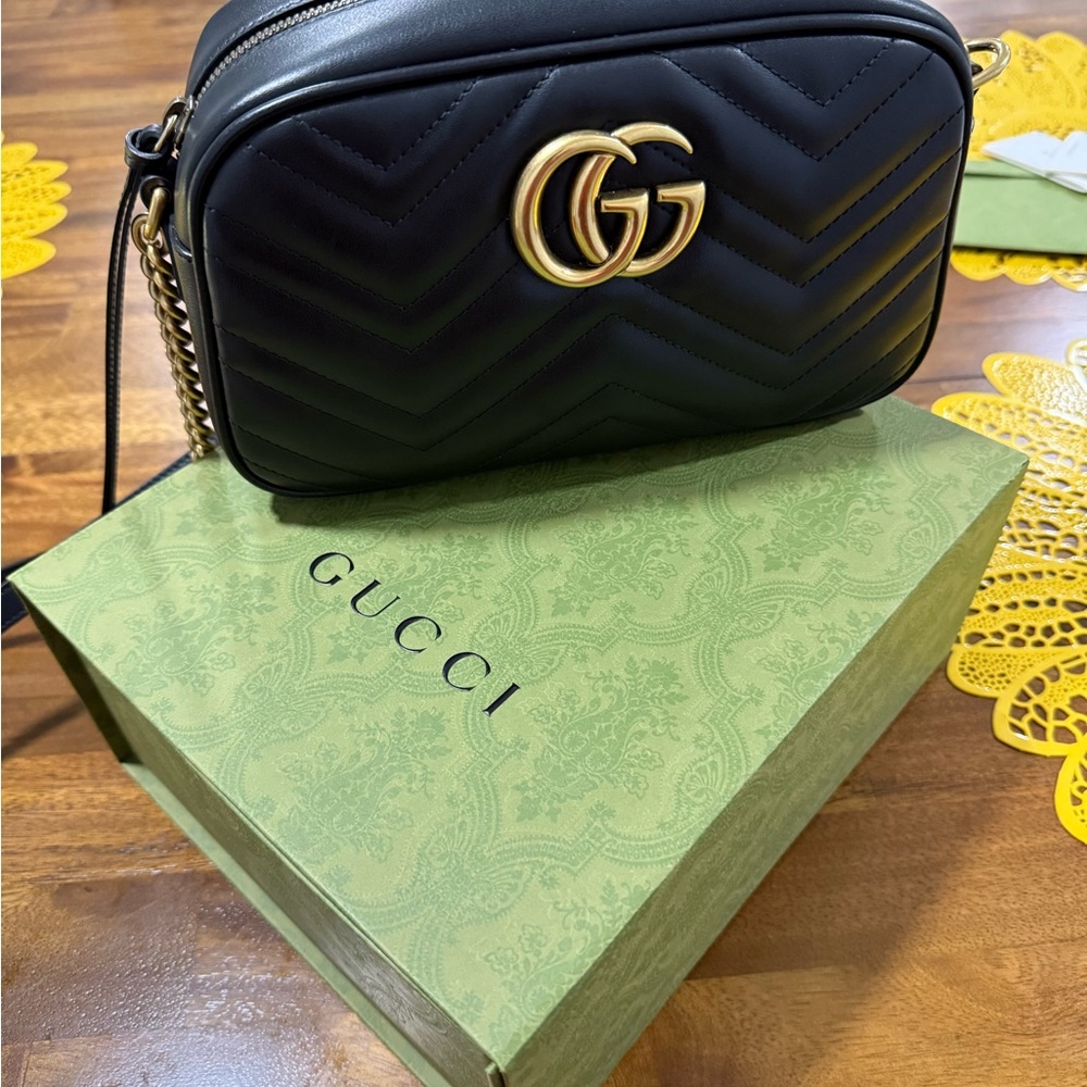 Gucci Black Chevron Crossbody Bag with Gold Accents